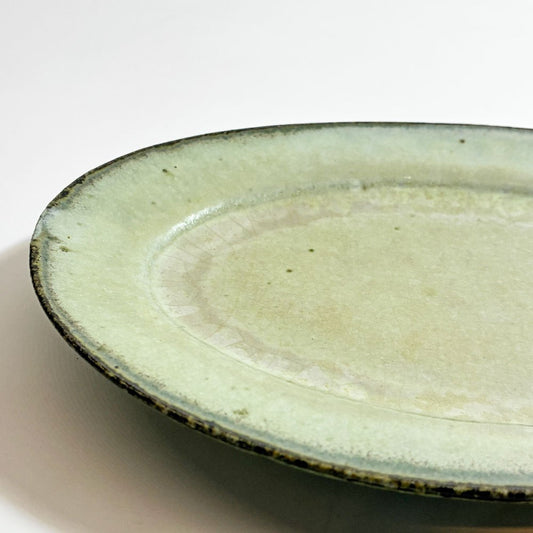 清岡幸道 青灰オリーブ オーバルリム皿 陶器 20cm 現代作家 民芸 うつわ ★