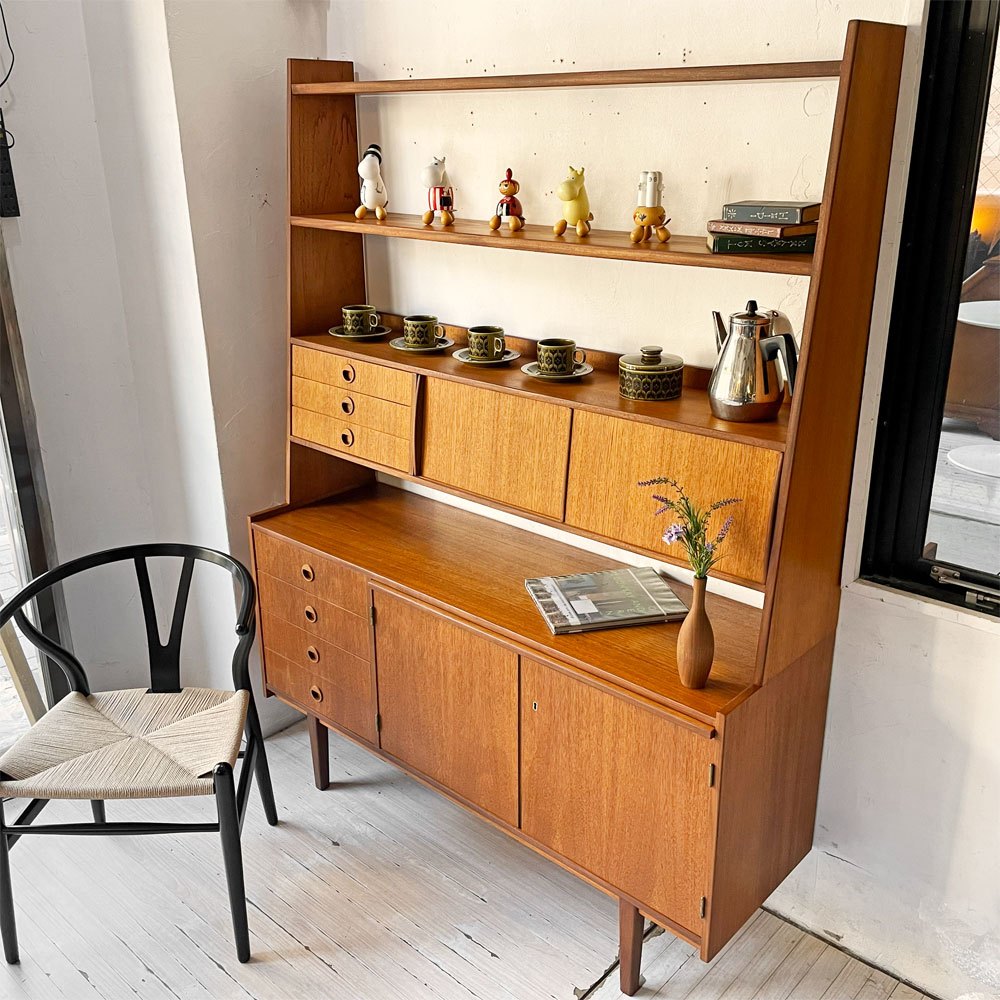 スウェーデンビンテージ Swedish Vintage チーク材 キャビネット シェルフ ハイタイプ 4スライドドア＋7ドロワー デスク W136cm 鍵付き 北欧 ★