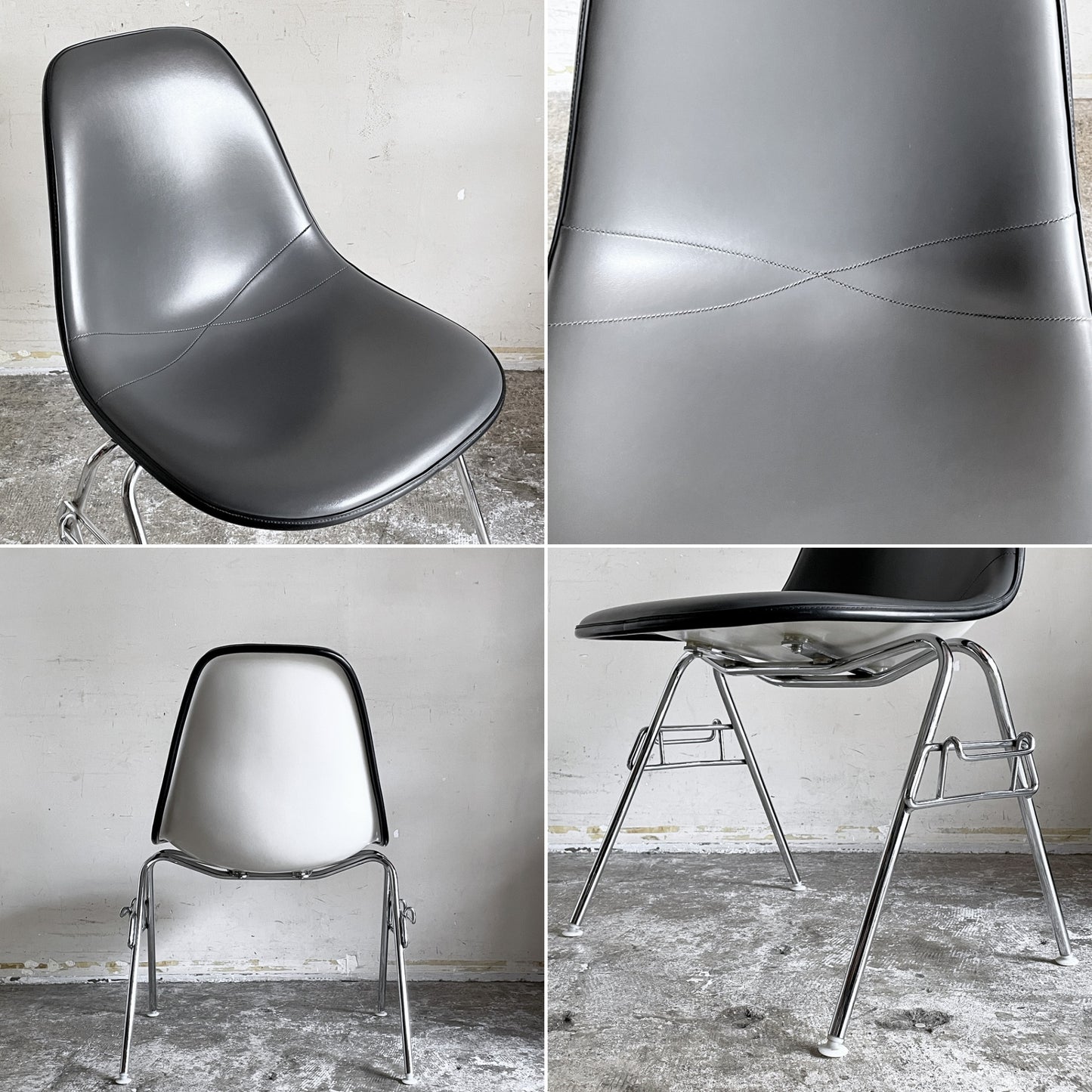 ハーマンミラー Herman Miller サイドシェルチェア FRP製 アプホルスター PVCレザー ダークグレー スタッキングベース ダークグレー C&R イームズ ビンテージ ミッドセンチュリー ■