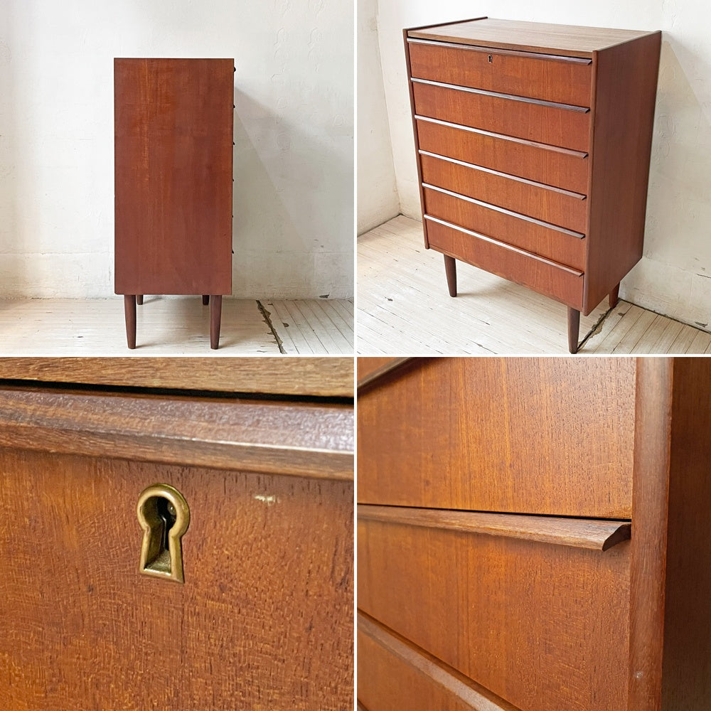 北欧ビンテージ Scandinabian Vintage チェスト キャビネット 6ドロワーズ チーク材 H101cm デンマーク 北欧家具 鍵欠品 ★