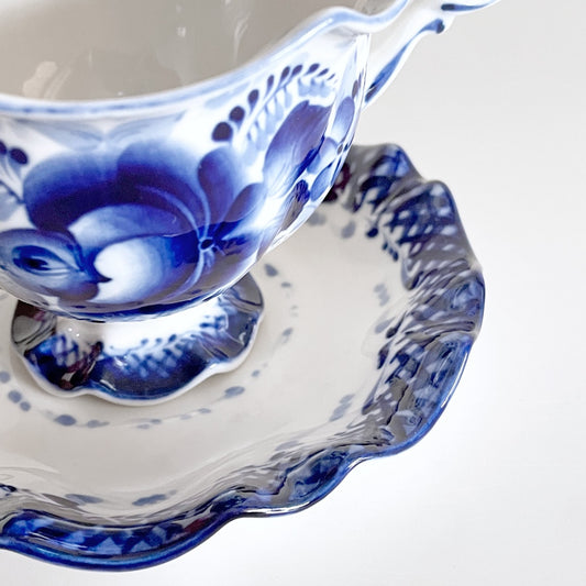 グジェリ陶器 カップ＆ソーサー C&S コバルトブルー 藍色 ホワイト ロシア A ■