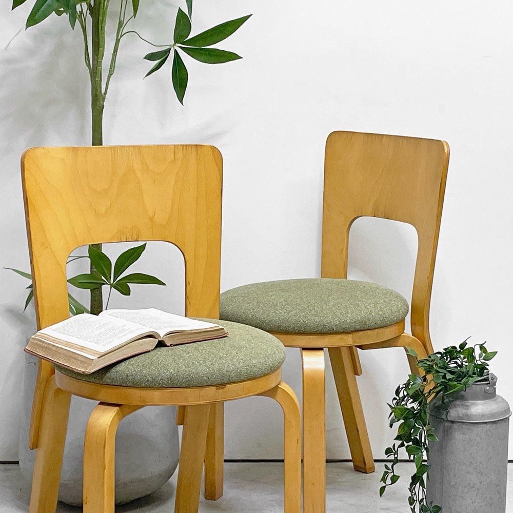 アルテック artek チェア66 CHAIR66 ダイニングチェア ナチュラルラッカー バーチ材 ファブリックシート アルヴァ・アアルト フィンランド 北欧家具 ビンテージ A ●