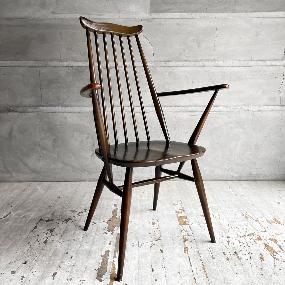 アーコール Ercol ゴールドスミス ダイニングチェア アームチェア コロニアル ハイバック エルム材 ダークブラウン UKビンテージ 英国家具 ♪