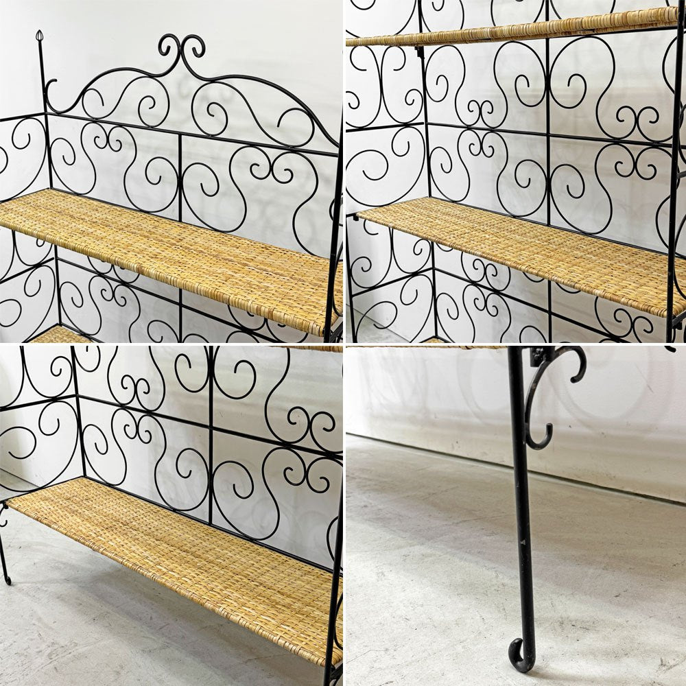 ロートアイアンｘラタン クラシカルデザイン シェルフ 3段 棚板着脱可能 フォールディング 折畳 籐 アンティーク調 店舗什器 ●