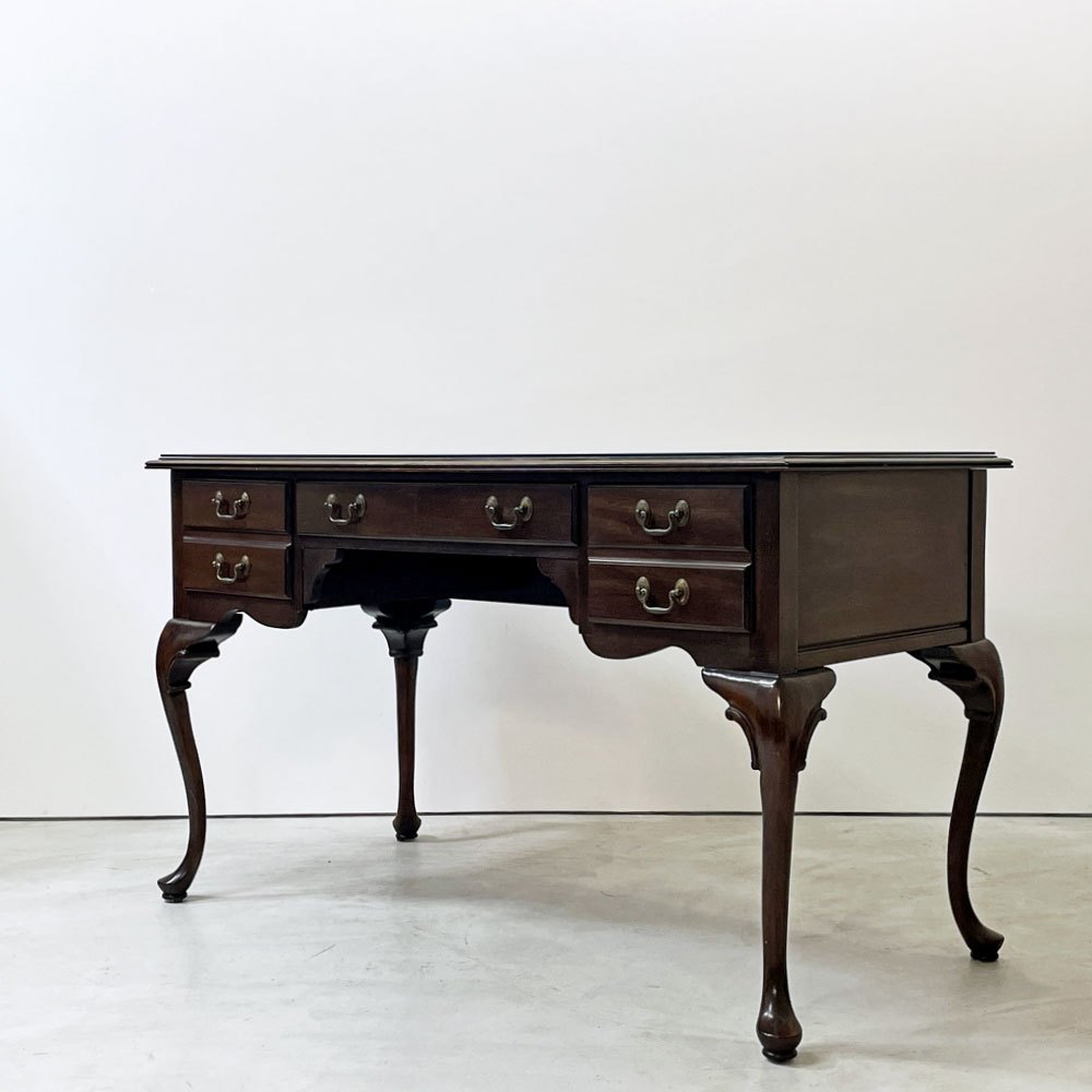 イーセンアーレン ETHAN ALLEN 両袖デスク 3ドロワー 猫脚 ガラス天板 クラシカルデザイン 米国家具 ●