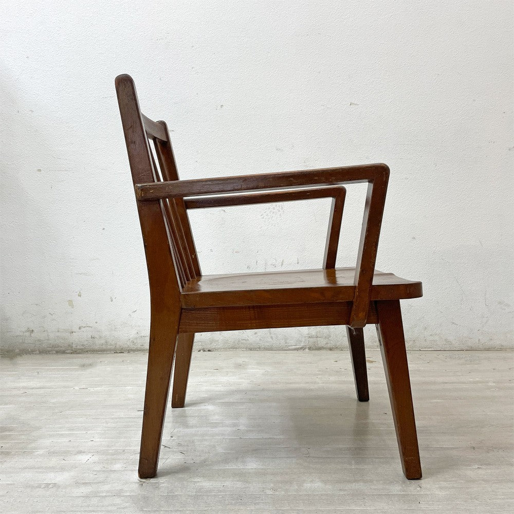 ジャパンビンテージ Japan Vintage アームチェア ダイニングチェア 木製肘付き椅子 ブラウン スティックバック 古家具 ●