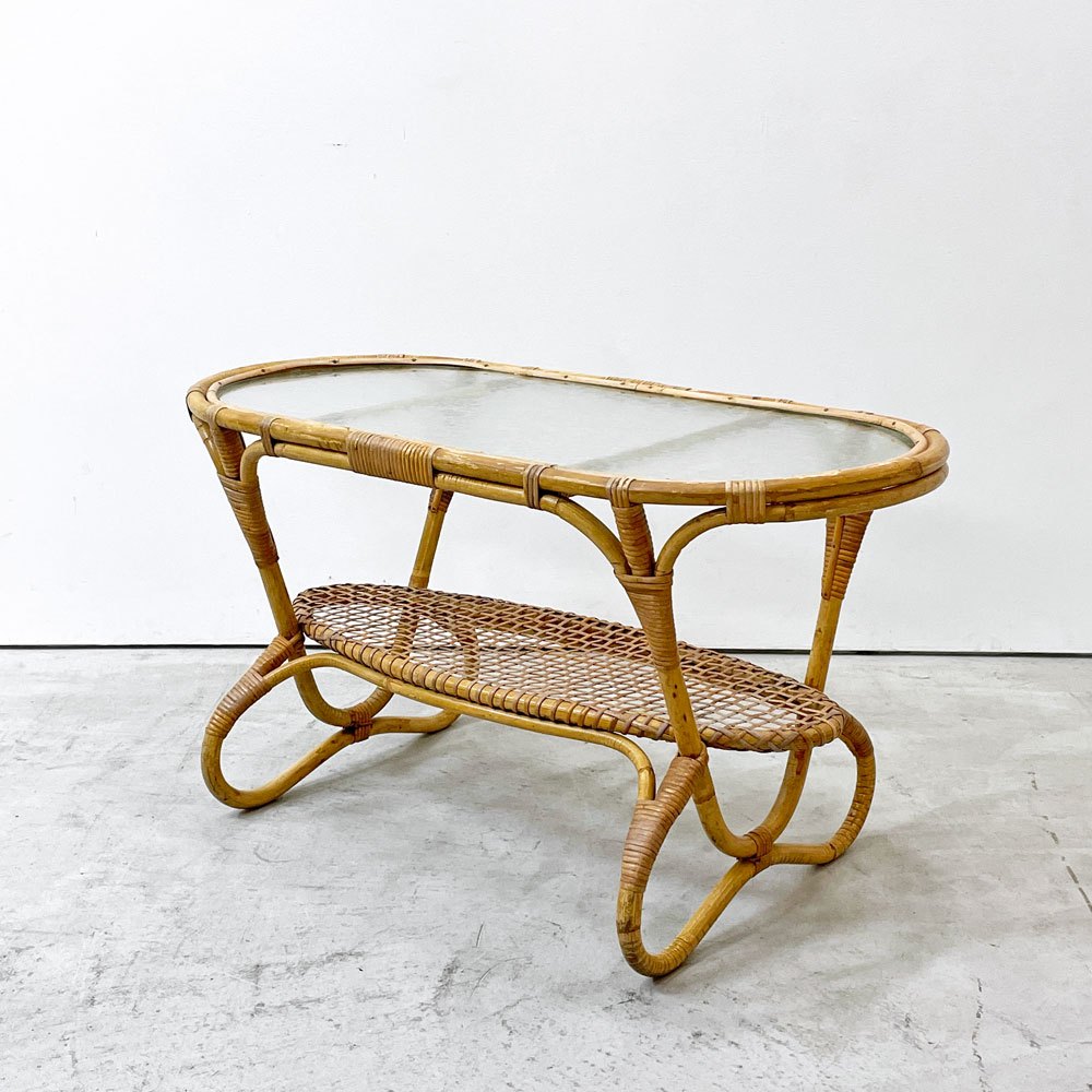 UKビンテージ Vintage ガラストップ ラタン コーヒーテーブル オーバル エッチングガラス ラック付き アンティーク 英国家具 ●
