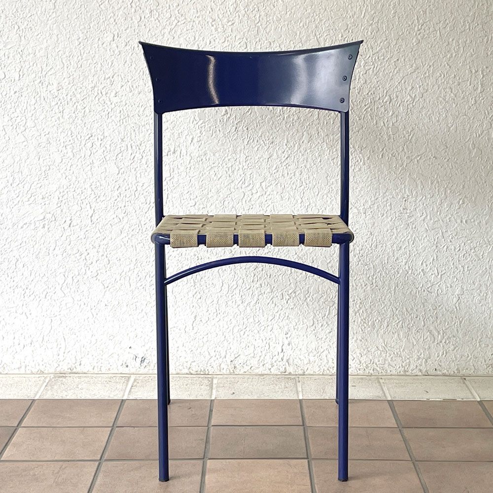 アルテラーノ ARTELANO ビンテージ スチールフレームチェア ウェービングテープ張り座面 スタッキングチェア ブルー フランス B ◇