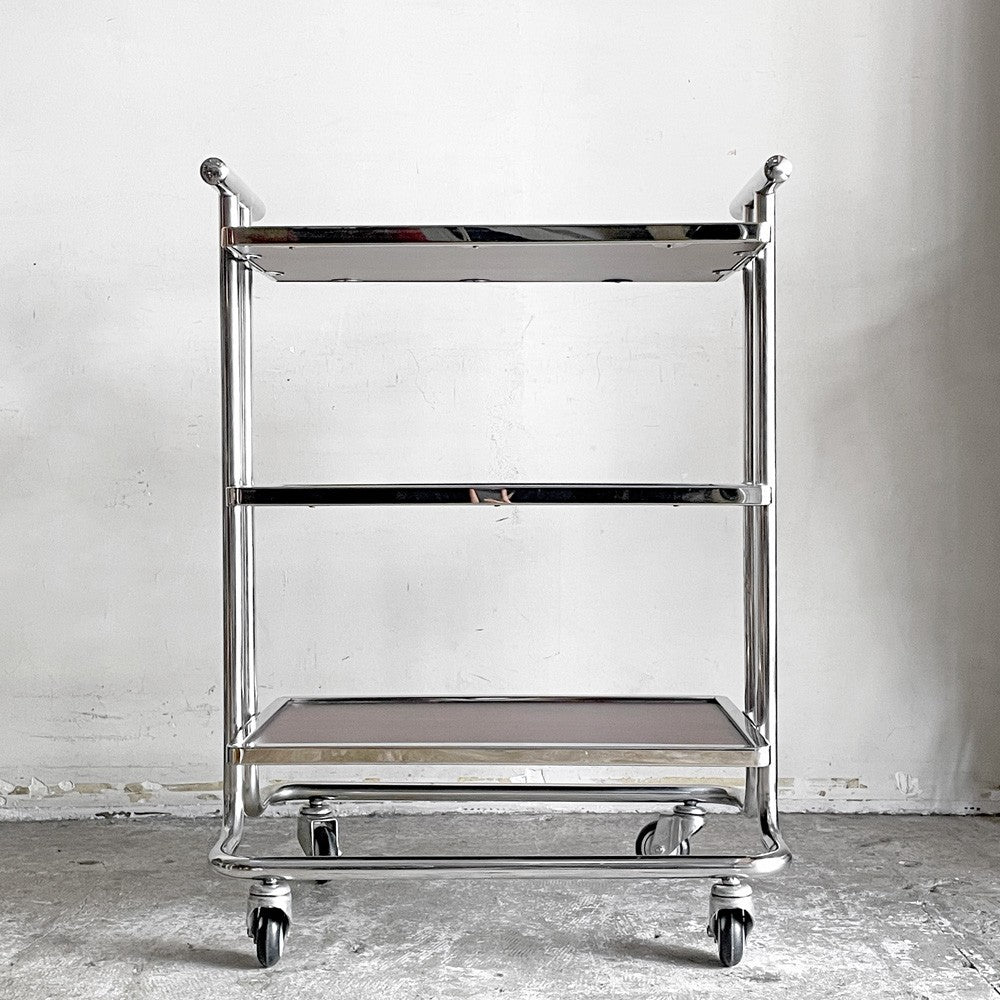 レトロデザイン サービスワゴン オープンシェルフ 木目調 キャスター付き 店舗什器 W67×H91cm ■