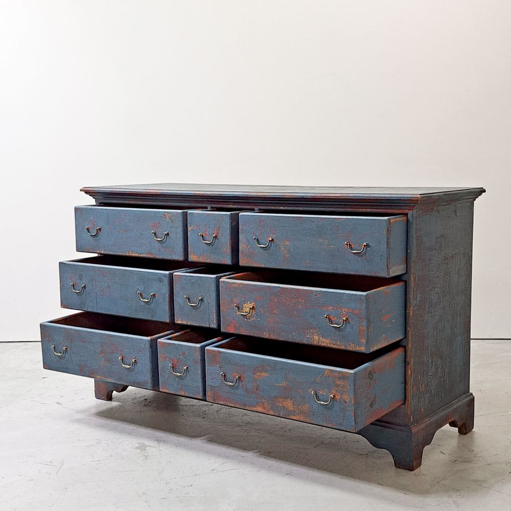ヨーロピアンビンテージ European vintage ペインテッド ワイドチェスト 抽斗9杯 木製 クラシカル シャビーシック アンティーク ●