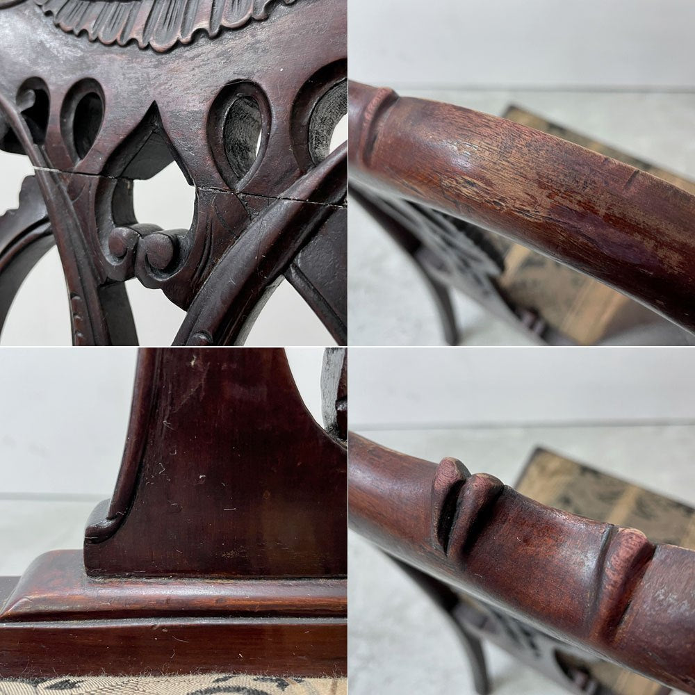 UKビンテージ UK Vintage チッペンデール様式 ダイニングチェア 猫脚 ダマスク調ファブリック マホガニー材 アンティーク 英国家具 A ●