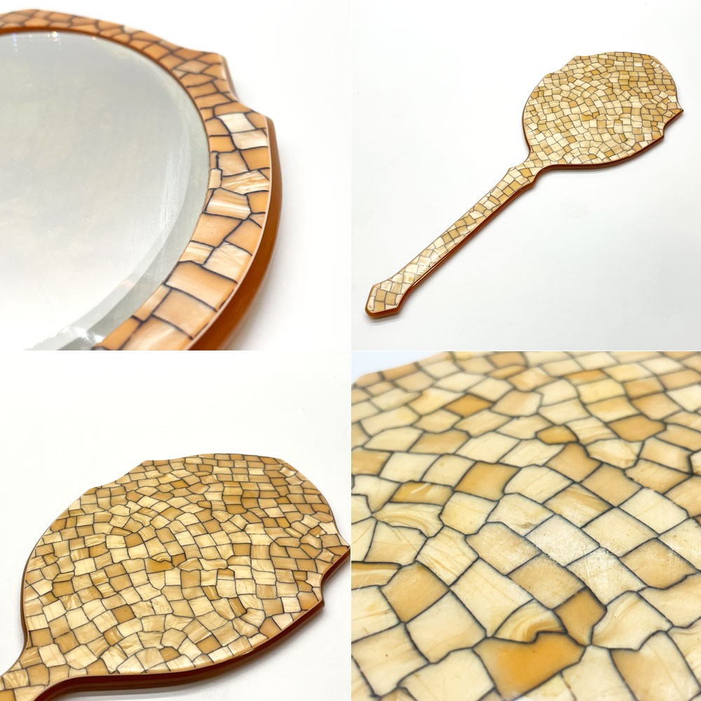 ビンテージ バニティセット ミラー＋ブラシ2点 計3点セット モザイクプラスチック シェルモザイク 貝殻調 アンティークスタイル ★