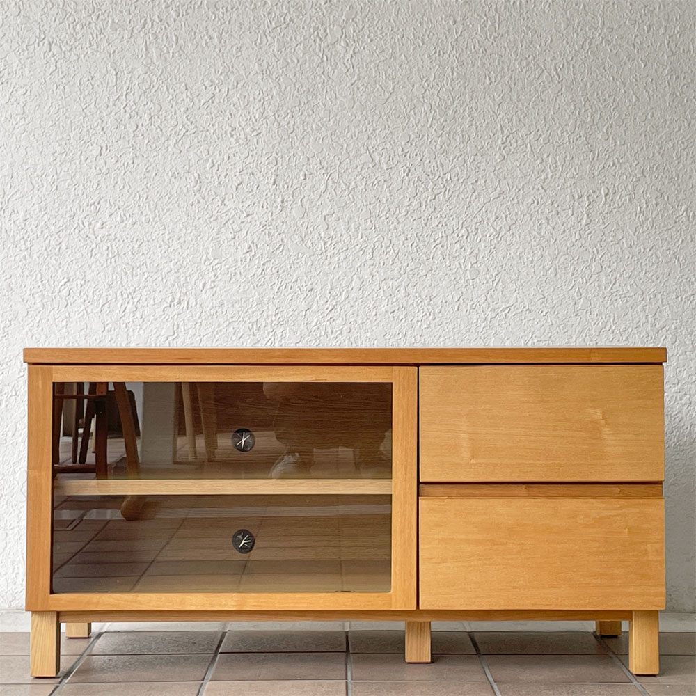 無印良品 MUJI タモ材 AVラック AVボード テレビ台 ガラス扉 フラップ扉 抽斗2杯 W90cm ナチュラルスタイル 廃番 ◇