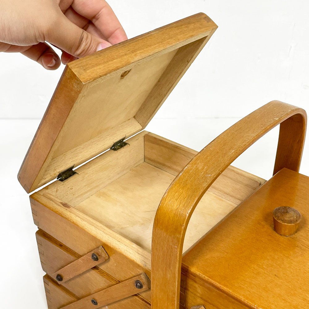 ビンテージ Vintage 木製 ソーイングボックス 裁縫箱 道具箱 可動式 ●