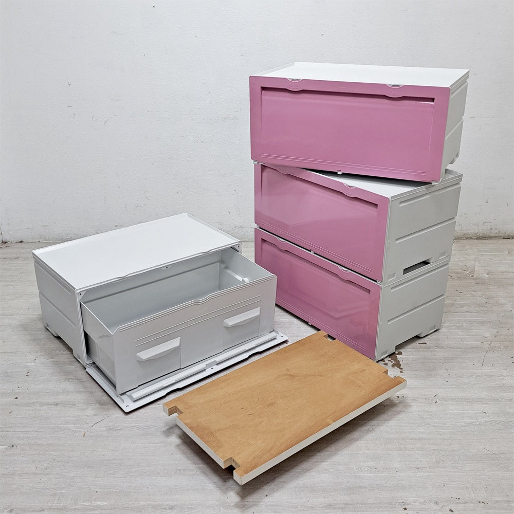 タッパーウェア Tupperware スーパーチェスト ワイド Super chest Wide 引出1段 ピンク 4段セット 専用カート付 ●