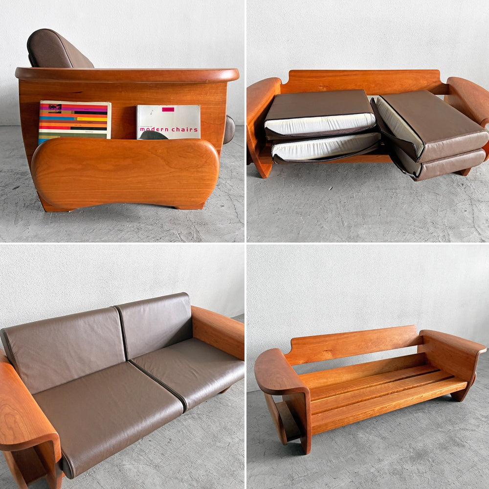 いっぴん工房 ペリカンソファ Pelican Sofa 2Pソファ 2人掛け マガジンラック付き チェリー無垢材 本革 レザー セミオーダー品 造形家具 参考定価 67万以上 〓