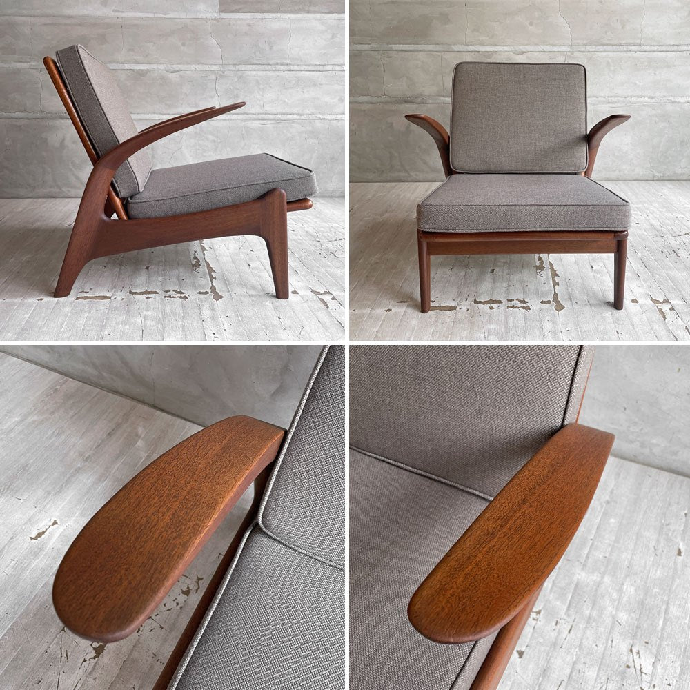 ギムソン＆スレーター Gimson & Slater ローバックラウンジチェア 1Pソファ チーク無垢材 ワイヤースプリング UKビンテージ ファブリック・クッション交換済み ♪