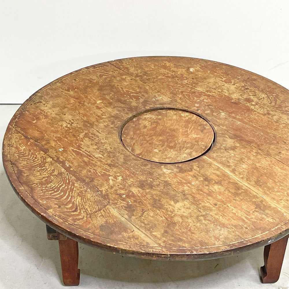 ジャパンビンテージ Japan Vintage 古い木味のちゃぶ台 丸型 折りたたみ 円卓 座卓 中央天板取り外し可能 日本古家具 昭和レトロ ●