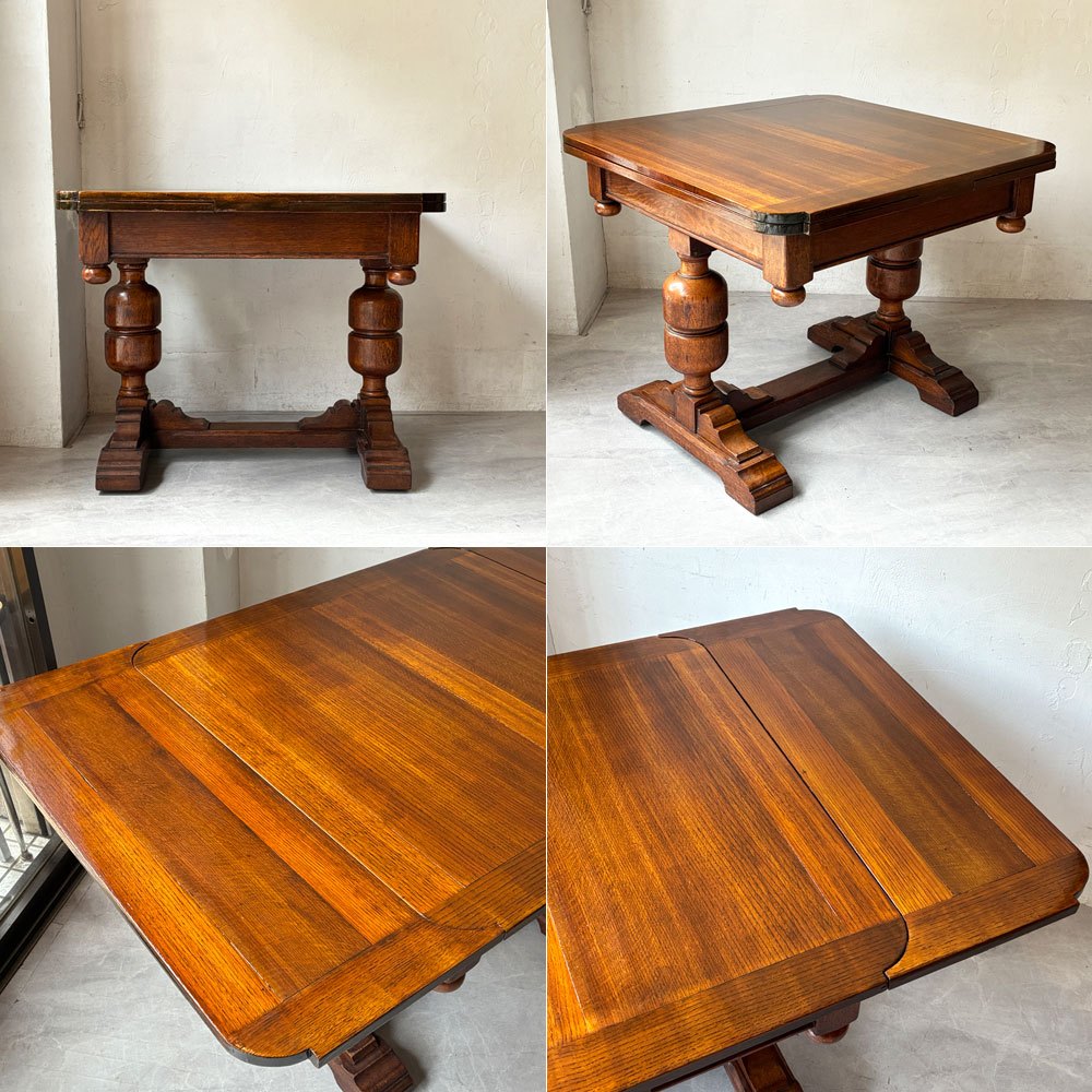 UKビンテージ Vintage ドローリーフテーブル 伸長式 オーク材 ビッグバルボスレッグ 英国家具 アンティーク ★