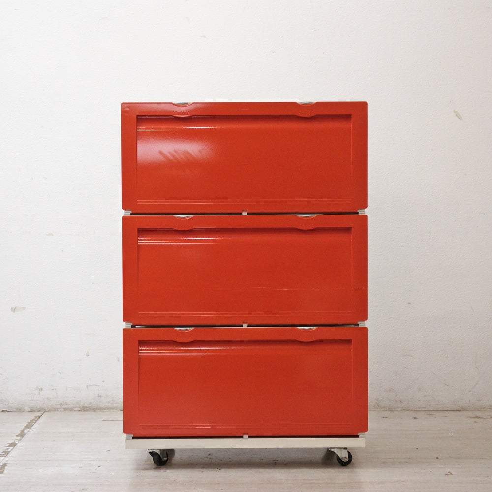 タッパーウェア Tupperware スーパーチェスト ワイド Super chest Wide 引出1段 オレンジ 3段セット 専用カート付 ●