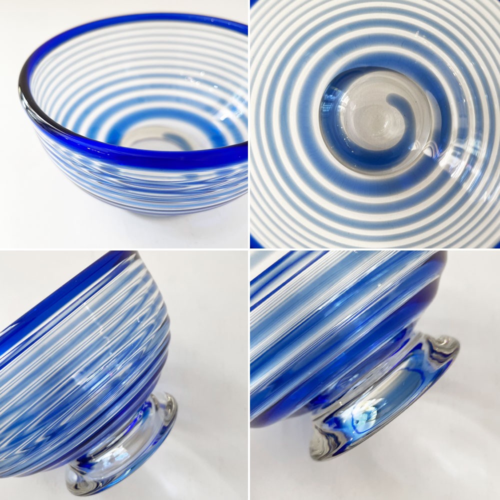 舩木倭帆 フナキシズホ くもの巣鉢 脚付きボウル Φ11×6.5cm ブルー 線巻 手吹きガラス 現代作家 ◎