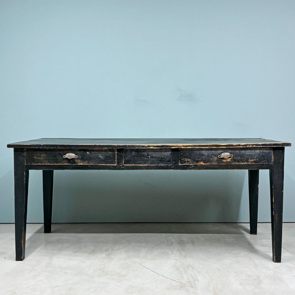 UKビンテージ UK Vintage ワークテーブル ダイニングテーブル 作業台 3ドロワー ブラックペイント W180cm 鍵付き 英国家具店舗什器 ◎