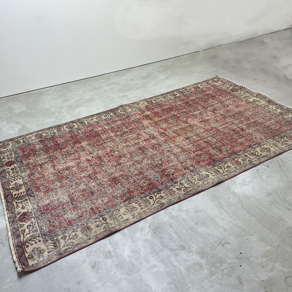 ビンテージ vintage トルコ製 手織り キリムラグ ランナー カーペット 絨毯 270x158cm レッド系 ボヘミアン柄 ●