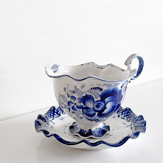 グジェリ陶器 カップ＆ソーサー C&S コバルトブルー 藍色 ホワイト ロシア A ■