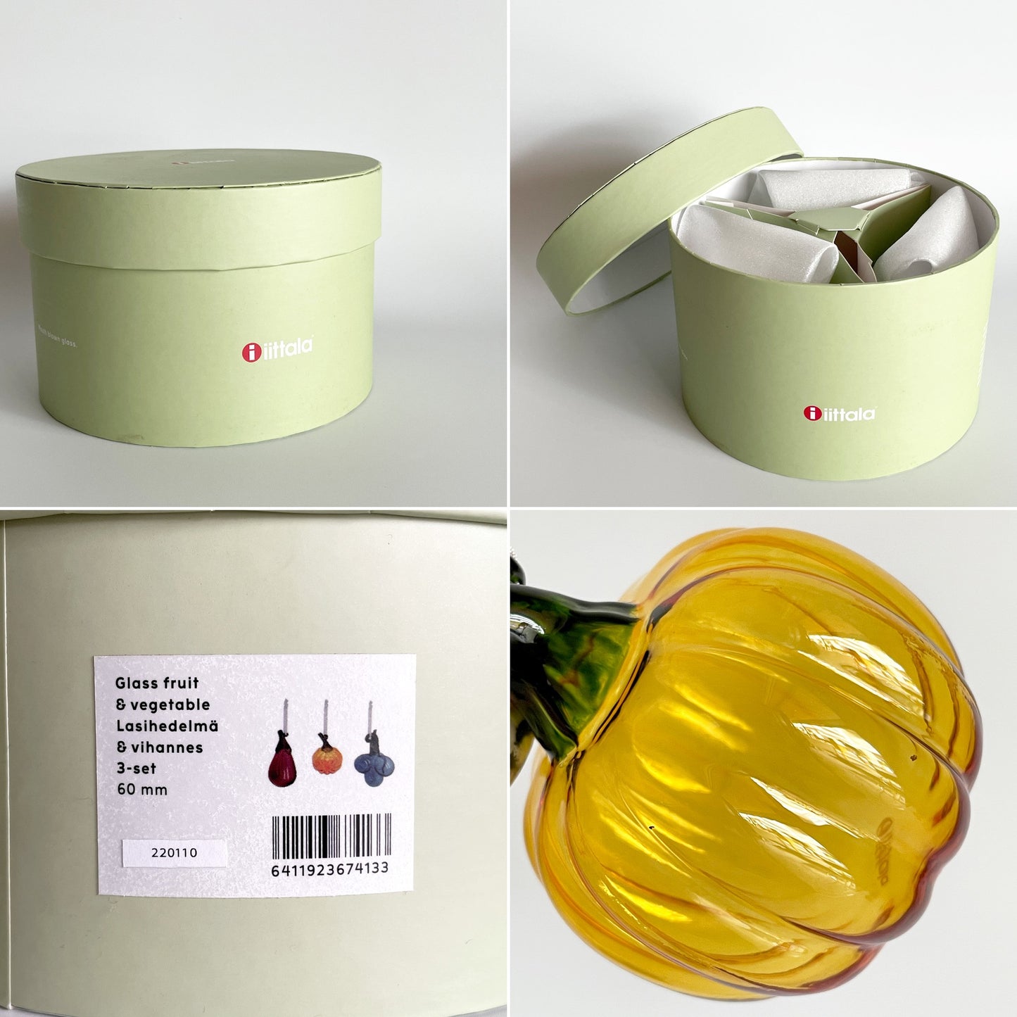 イッタラ iittala オーナメント ミニ フルーツ&ベジタブル 3個セット グレープ ナス パンプキン ガラス 箱付き 定価￥8,360- 廃番 ■