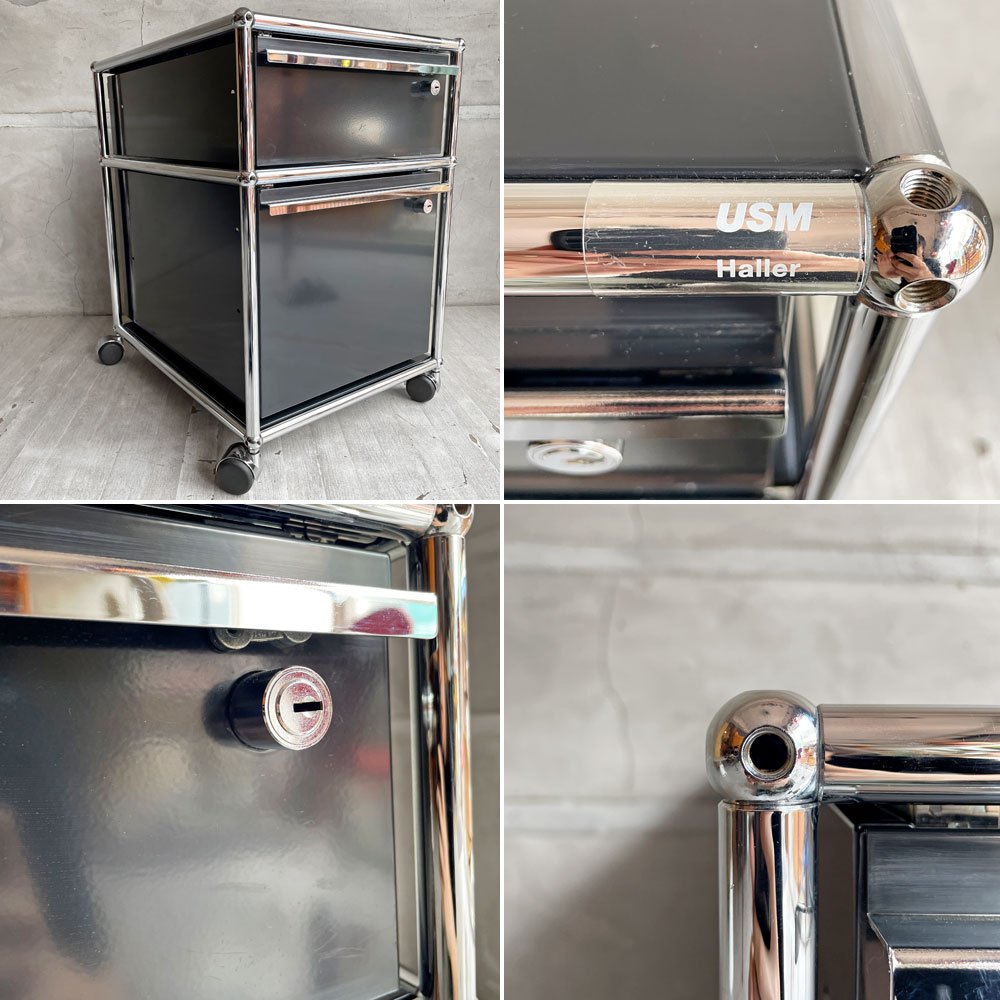 ユーエスエムハラー USM Haller モジュラーファニチャー Modular Furniture ハラーシステム デスクワゴン ロールボーイ 2ドロワー ブラック 鍵付 トレイ付 ♪