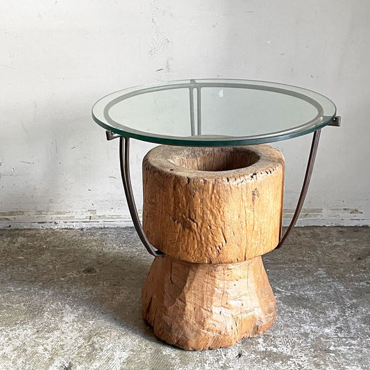 ビンテージ vintage ラウンド サイドテーブル ローテーブル 古材×ガラス×アイアン 天然木 菊池 由見子 プリミティブ ■