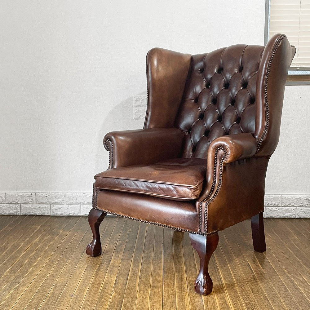 ロイズアンティークス Lloyd's Antiques リプロダクションシリーズ チェスターフィールド B&Cウイングチェア 1シーターソファ 鋲 本革 英国 ◎