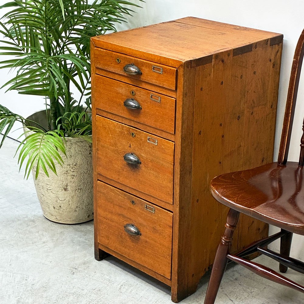 ビンテージ Vintage 木製 4ドロワーチェスト キャビネット 抽斗4杯 ハンドメイド クラフト家具 ●