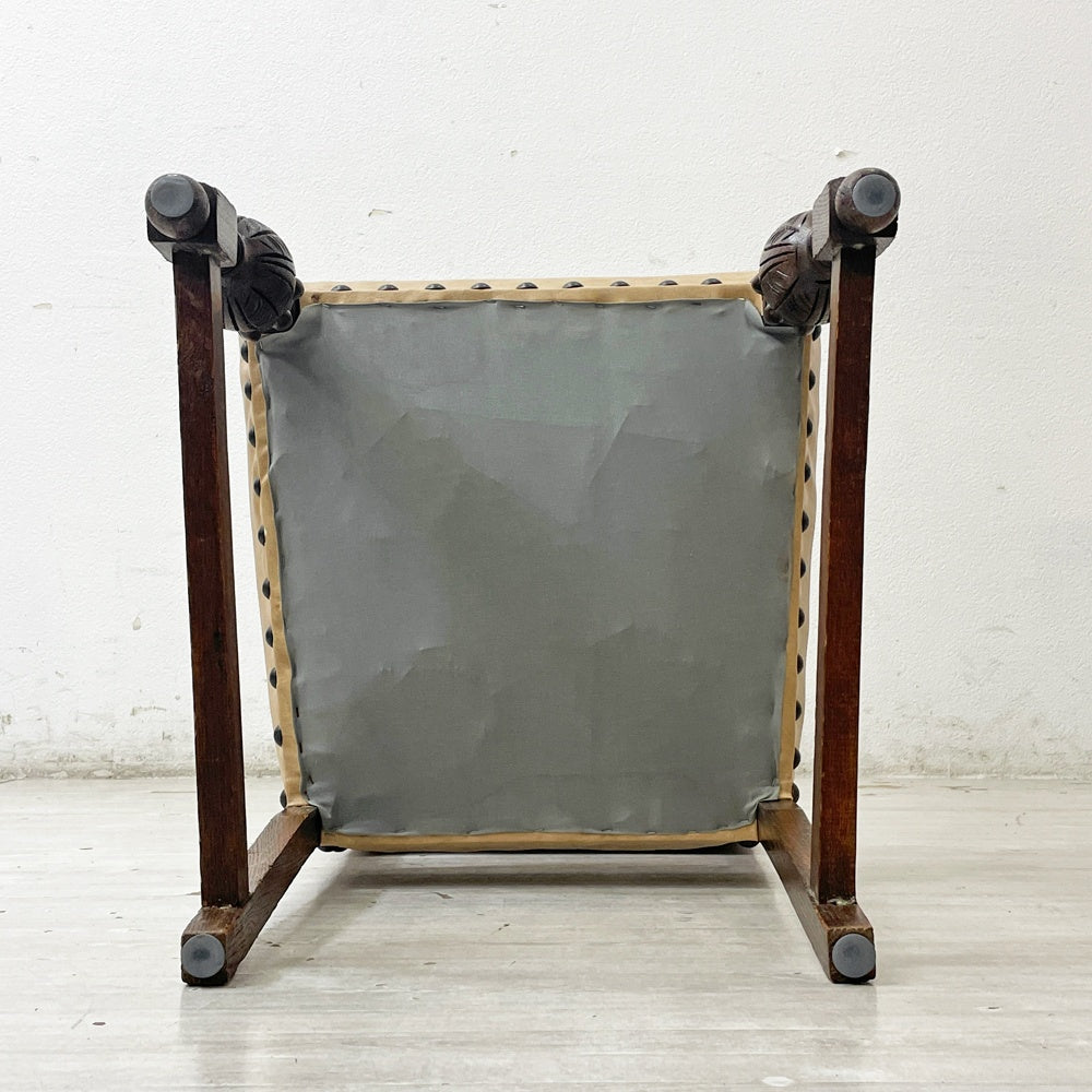 UKビンテージ Vintage ダイニングチェア オーク材 PVCレザーシート 鋲打ち バルボスレッグ 英国家具 英国アンティーク B ●