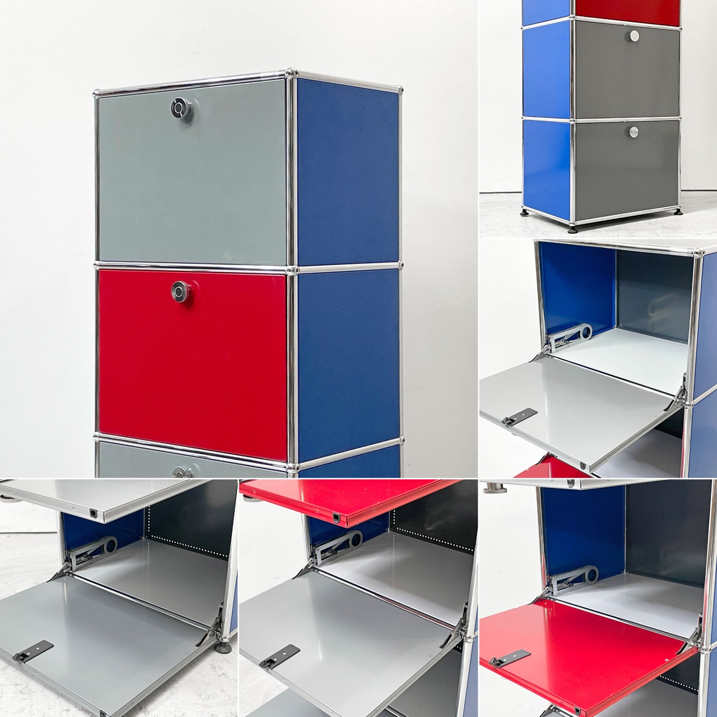 ユーエスエムハラー USM Haller モジュラーファニチャー Modular Furniture 1列4段 ドロップダウン扉 ミッドグレー × ジェンシャンブルー × ビーレッド × アントラサイト スイス ●