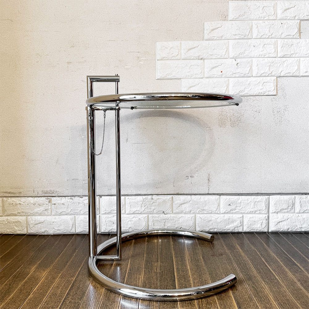 クラシコン ClassiCon アジャスタブルテーブル E1027 サイドテーブル ガラストップ クロームフレーム Φ50.5cm アイリーン・グレイ ドイツ 定価￥217,800- ◎