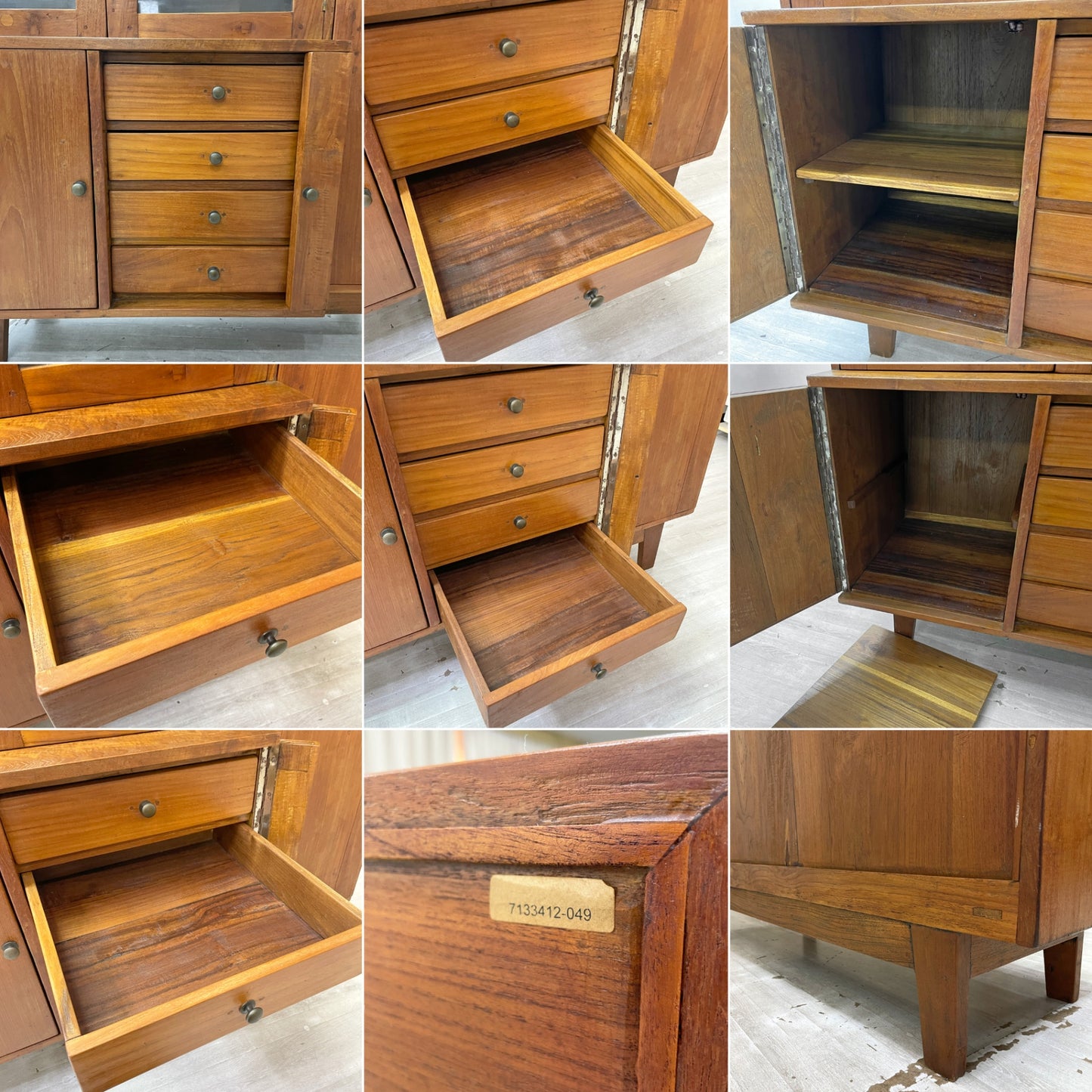 アジアン チーク無垢材 キャビネット ガラス扉 引き出し4杯 飾り棚 本棚 立ち脚家具 ●