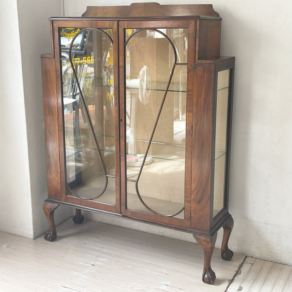 UKビンテージ ガラスキャビネット ボウル＆クロウフット マホガニー材 ディスプレイケース 飾り棚 英国家具 アンティーク ★