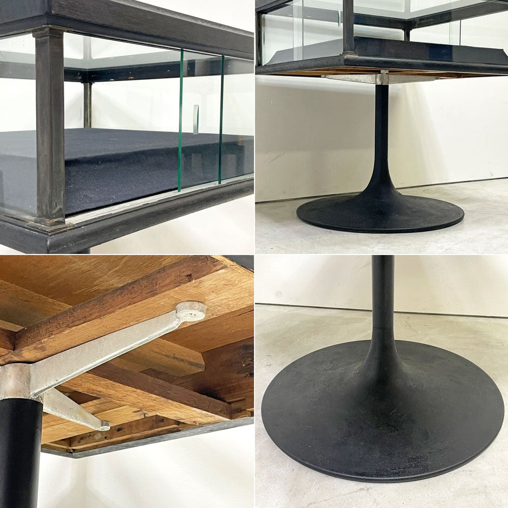 リメイク家具 ガラス ディスプレイケース 台形台座 ラッパ脚 73×73cm 店舗什器 インダストリアルデザイン 一点物 ビンテージ ●