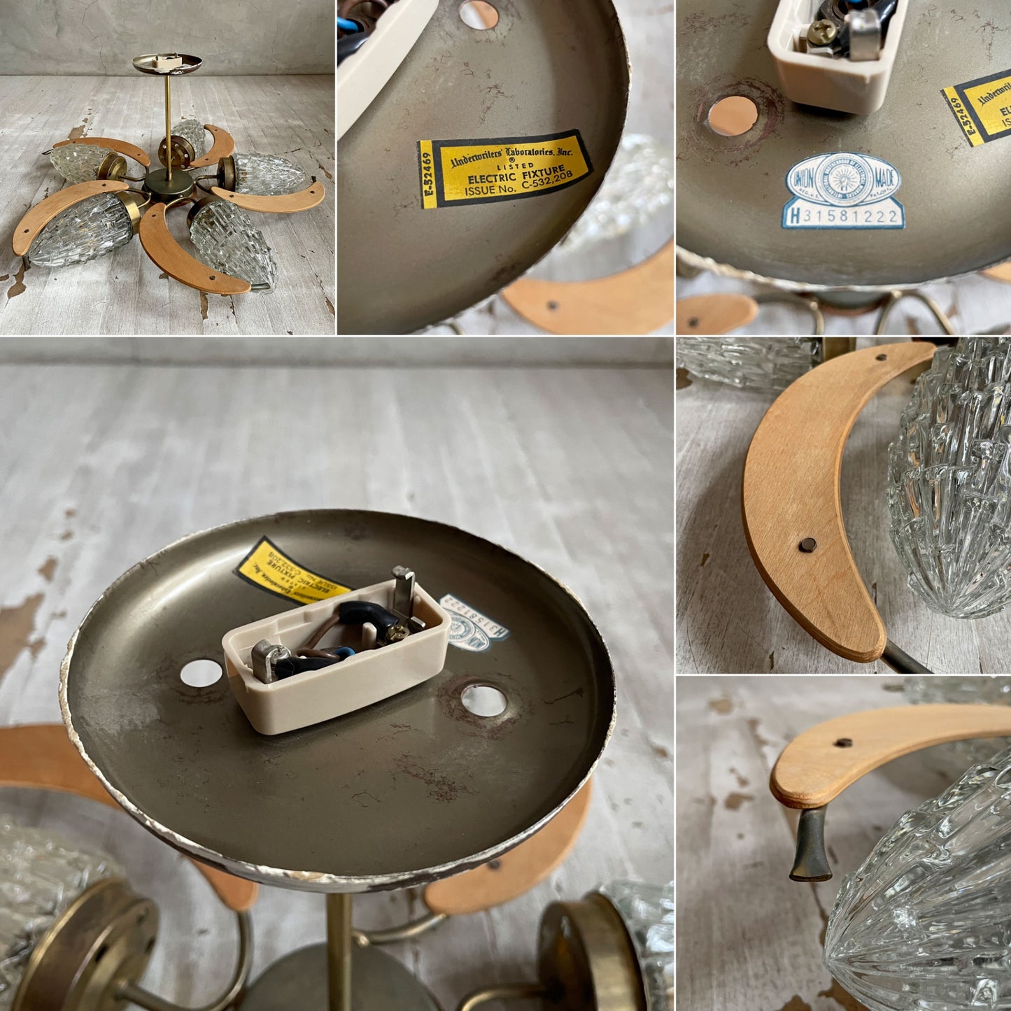 UKビンテージ UK Vintage 5灯 ペンダントライト ガラスシェード チーク材 60～70年代 ミッドセンチュリーデザイン 北欧スタイル 要電気工事 ♪