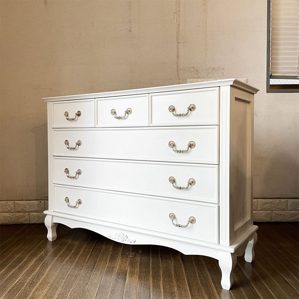 フレンチアンティークスタイル French Antique Style ホワイトペイント チェスト 4段6ドロワー W110cm シャビーシック ロココ調 ◎