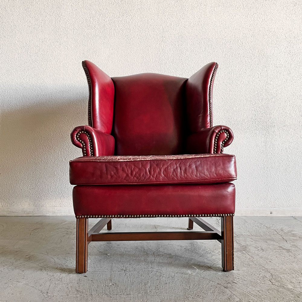 ポッタリーバーン Pottery Barn ウイングバックソファ 1人掛け ラウンジチェア 本革 ワインレッド USビンテージ 〓