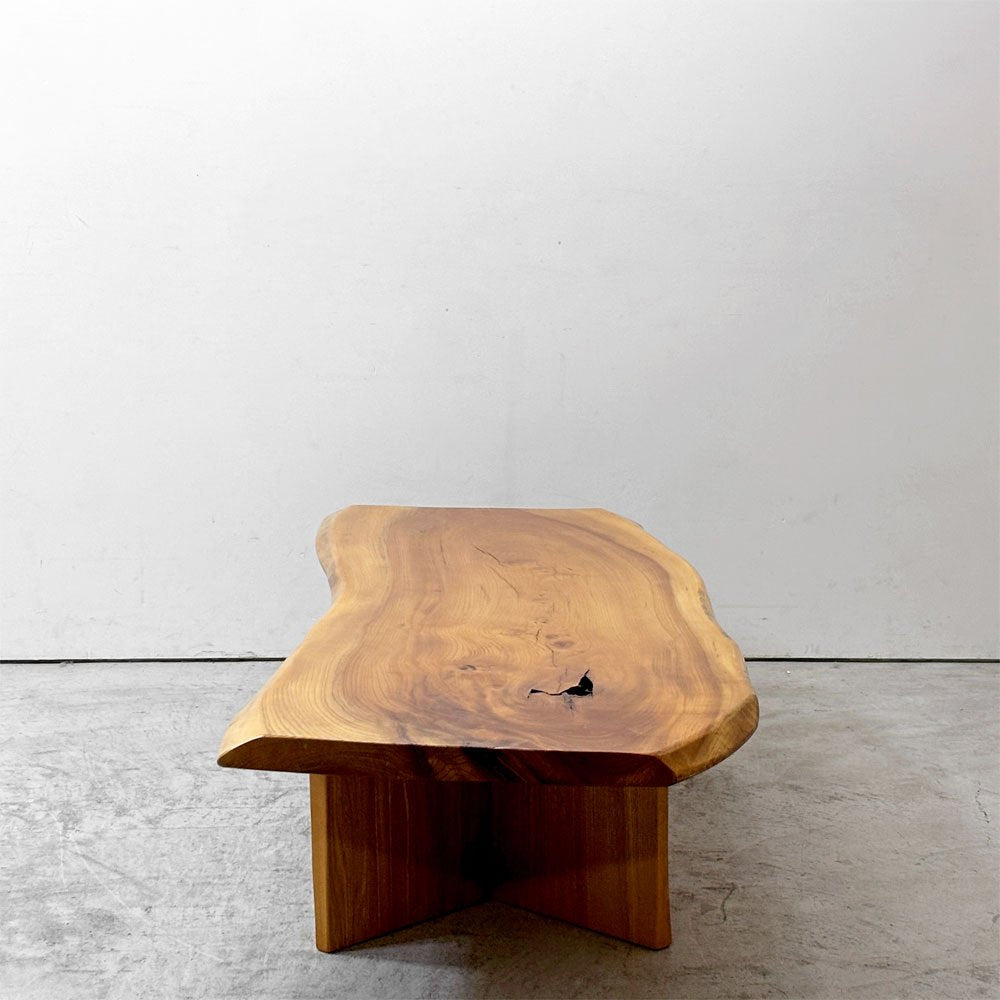 クラフト家具 Craft Furniture 欅無垢材 一枚板 ローテーブル 座卓 耳付き 天然木 ナチュラル W168.5cm  ●