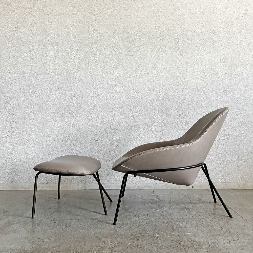 ザ・コンランショップ THE CONRAN SHOP クロスレッグ CROSS LEG ラウンジチェア＆オットマン 本革 グレー系レザー マグナス・ロング イギリス 〓
