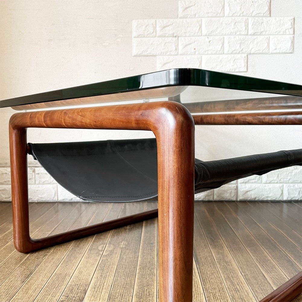 ケンオクヤマデザイン KEN OKUYAMA DESIGN ハンモック リビングテーブル ローテーブル ガラス×ウォールナット×ブラックレザー W80cm 奥山清行 定価￥99,800- 廃番 ◎