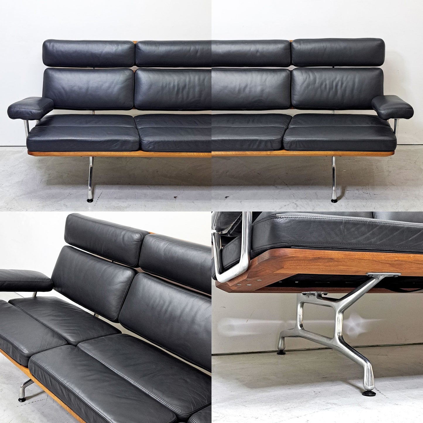 ハーマンミラー Herman Miller イームズソファ Eames Sofa 3シーター ウォールナット材 レザー ブラック C&R. イームズ ミッドセンチュリー ●