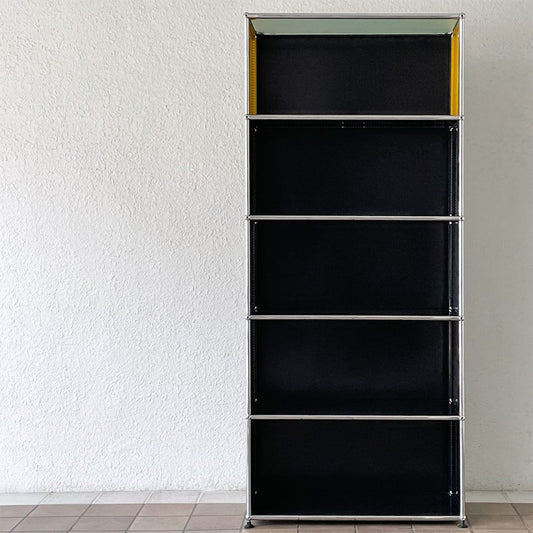 ユーエスエムハラー USMハラー USM Haller モジュラーファニチャー キャビネット シェルフ 1列5段 オープン W77×D37cm ブラック×ゴールデンイエロー パンチング×ガラスパネル 参考価格281,427円以上 ◇