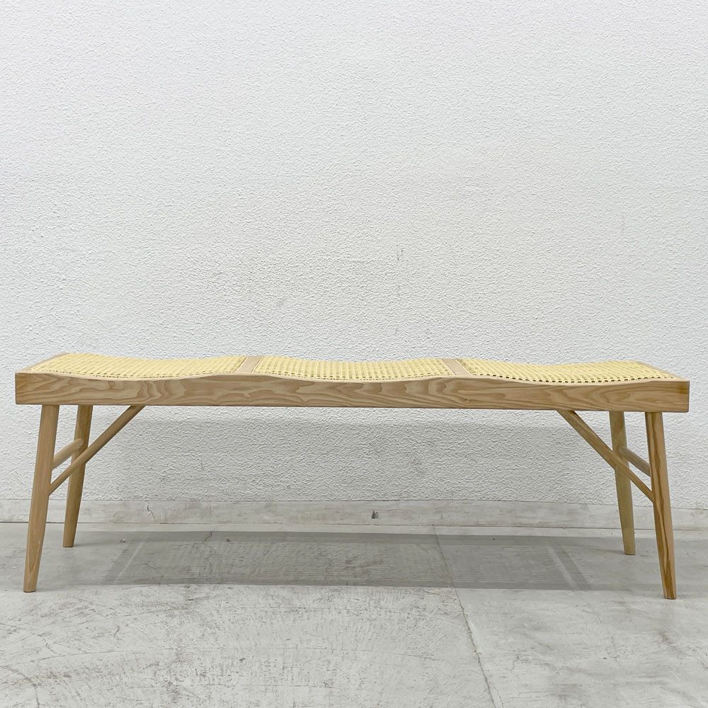 ザラ ホーム Zara Home アッシュ材 ラタンシート トリプルシートベンチ Rattan triple seat bench 人工ラタン張替済 〓