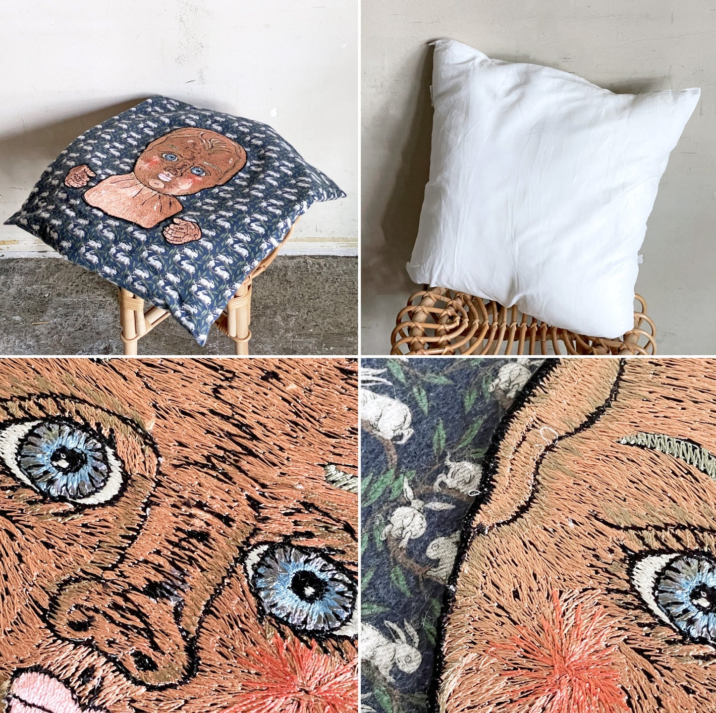 ママカロン ma.macaron クッション babydoll うさぎ 横振り刺繍 45cm 刺繍作家 現代作家 ■