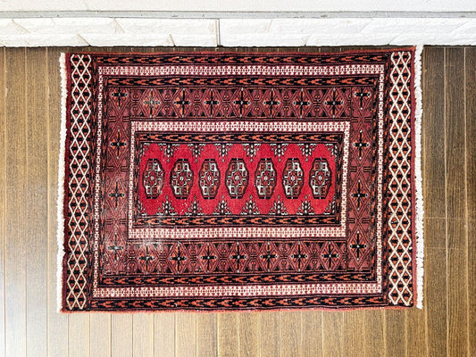 ビンテージ Vintage トライバルラグ トルクメン Turkmen ラグ 玄関マット 83×62cm ギュル文様 レッド系 イラン トルクメニスタン ◎